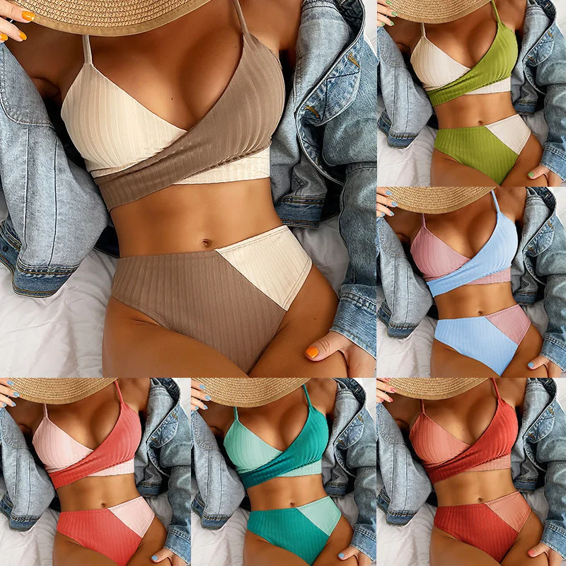 Bikini Patchwork Swimwear Ribbed Women's Swimsuit Knot Back Beachwear Ruched Butt Biquinis Bathing Suits Sporty Swimwear Bottoms