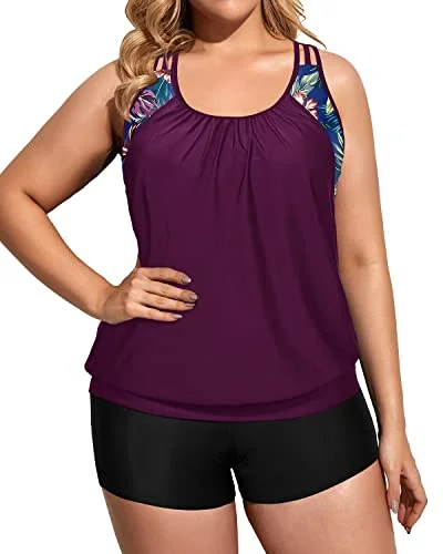 Blouson Racerback Tankini Top For Women With Big Breasts-Maroon Leaf Sexy Swimwear Set