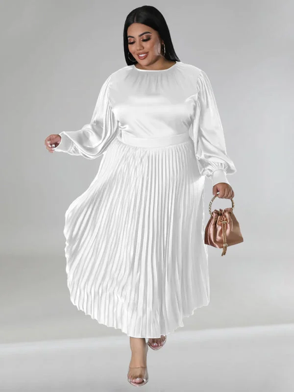 Blue Zone Planet |  Gia's Plus Size Pleated Round Neck Long Sleeve Maxi Dress Elegant Pleated Maxi Dress