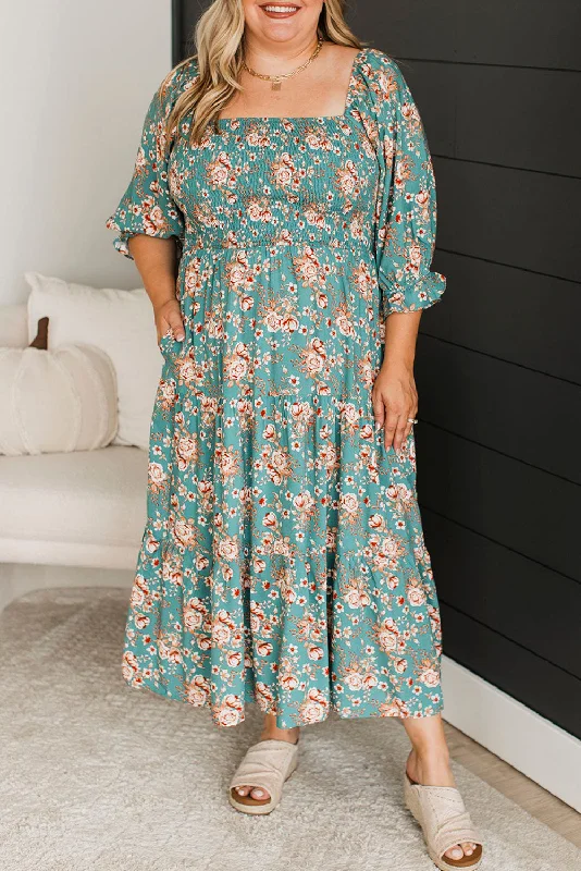 Blue Zone Planet |  Green Plus Size Floral Print Square Neck Smocked Maxi Dress Trendy Floral Print Maxi Dress