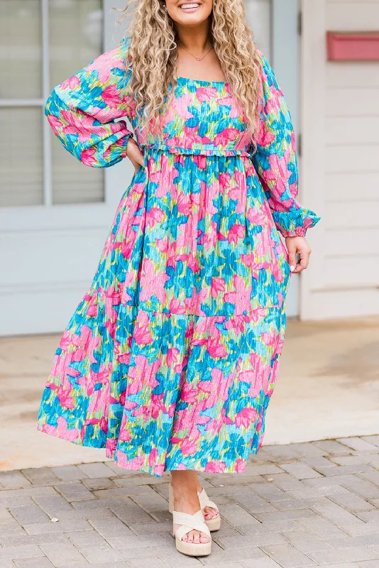 Blue Zone Planet |  Sky Blue Floral Allover Print Shirred Square Neck Plus Size Maxi Dress Fashionable Sheer Maxi Dress