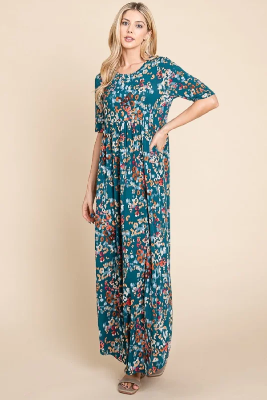 BOMBOM Printed Shirred Maxi Dress Comfortable Ruffle Hem Maxi Dress