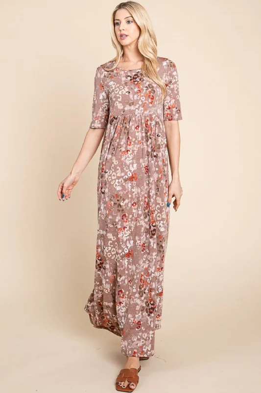 BOMBOM Printed Shirred Maxi Dress Comfortable Maxi Dress with Sleeves