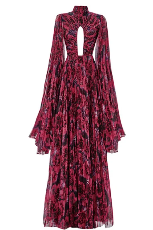 BUST DETAILED DRAPED FLORAL PATTERN MAXI DRESS IN FUCHSIA FLORAL Cozy Cold-Shoulder Maxi Dress