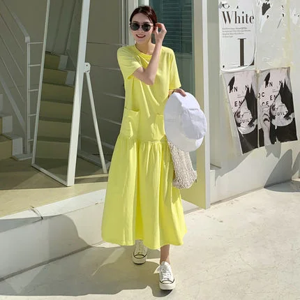 Casual Ruffled Yellow Long Maxi Dresses with Pockets Trendy Fit-and-Flare Maxi Dress