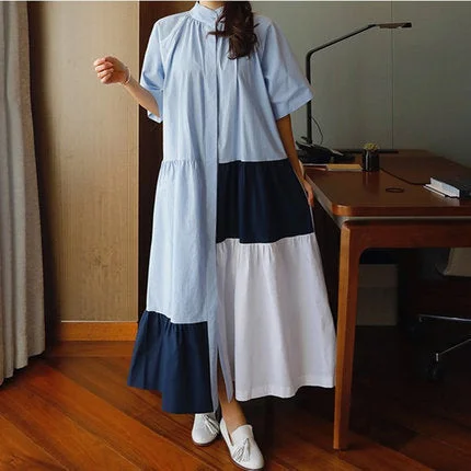 Casual Summer Contrast Color  A Line Long Maxi Dresses Classic V-Neck Maxi Dress