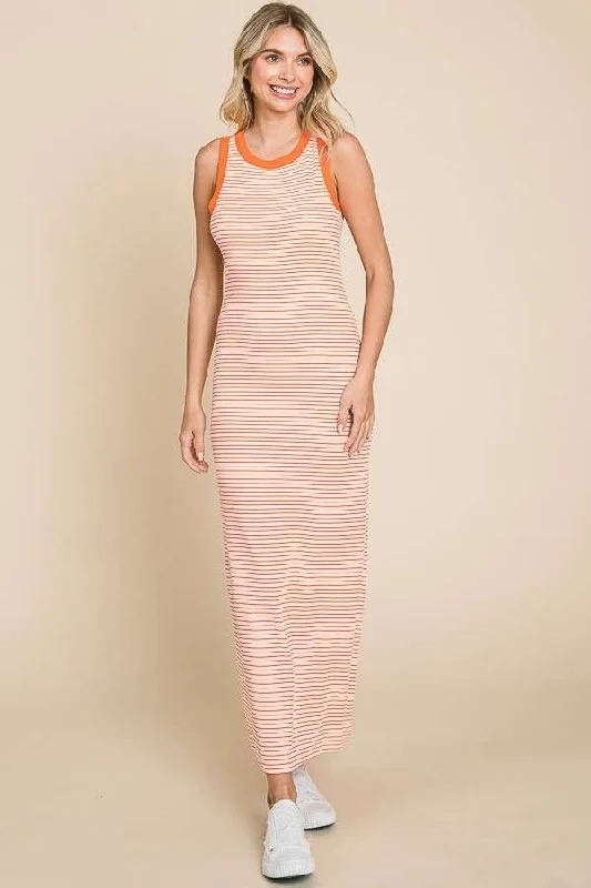 @* Here's The Stripes Orange Maxi Dress Trendy Short Sleeve Maxi Dress