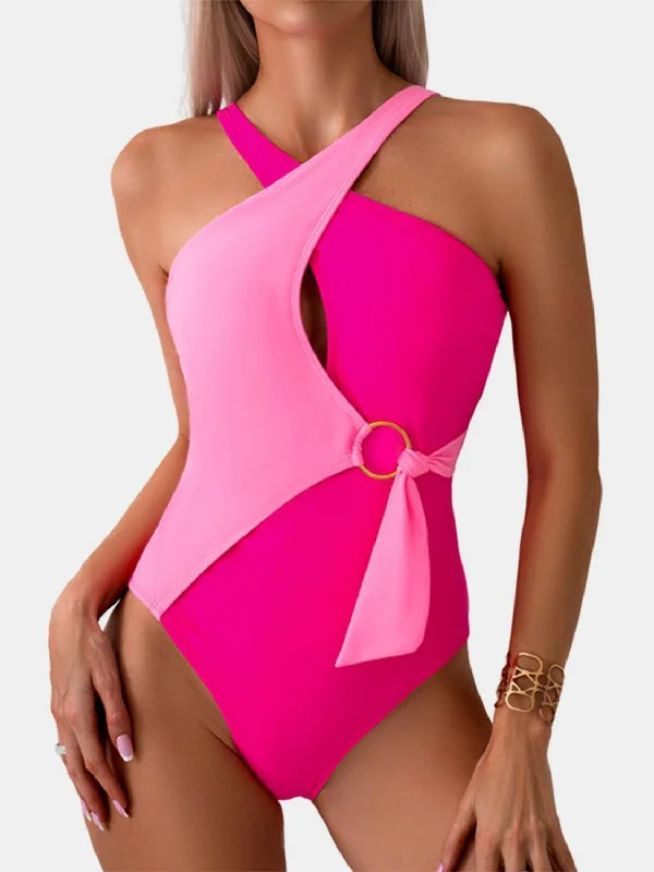 Cutout Contrast Sleeveless One-Piece Swimwear in 4 Colors Fun Pattern Swimsuit