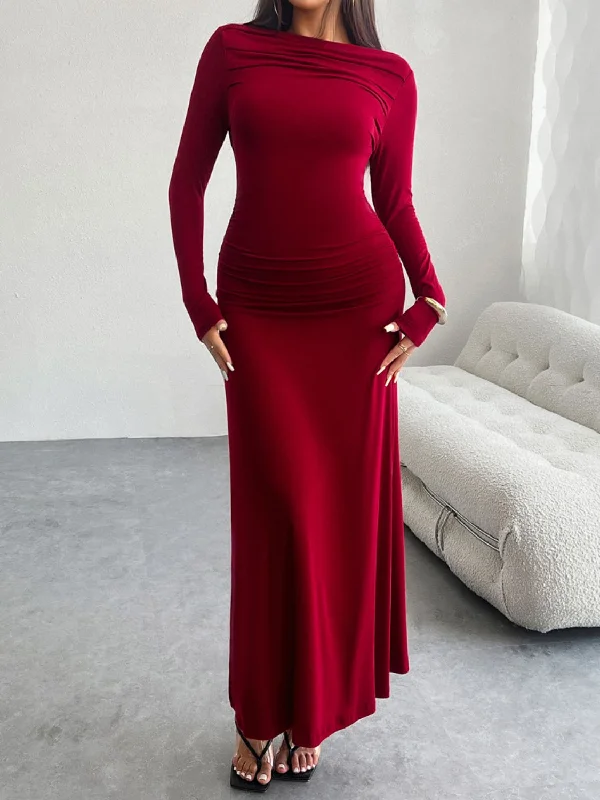 Devine Ruched Long Sleeve Maxi Dress Elegant Velvet Maxi Dress