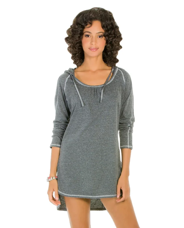 Eco Swim Solid Grey Hooded Long Sleeve Tunic Elegant Swimsuit Bottoms