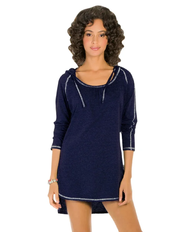 Eco Swim Solid Navy Hooded Long Sleeve Tunic Stylish Cover-Up Set