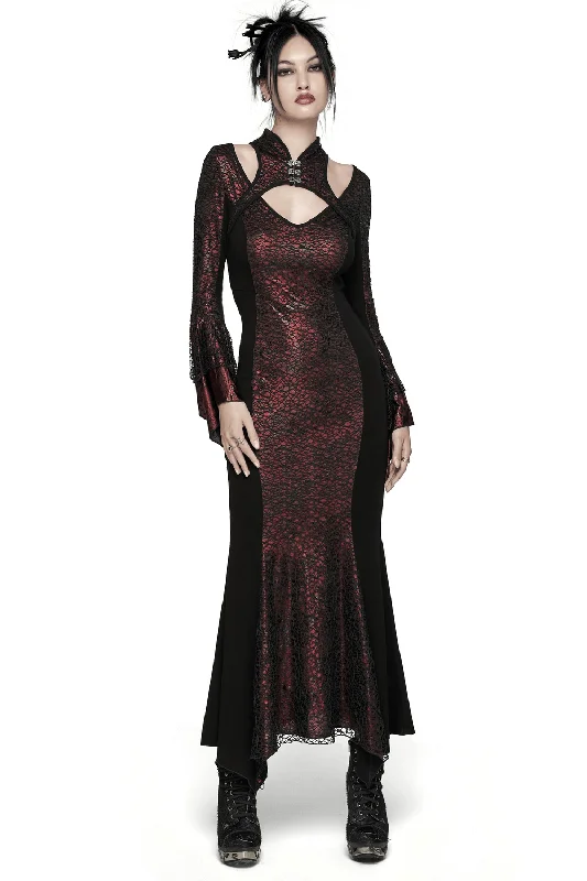 Elegant Gothic Chinese-Inspired Burgundy Maxi Dress Trendy Fit-and-Flare Maxi Dress