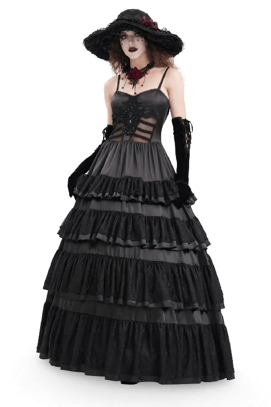 Elegant Gothic Lace Tiered Ruffle Maxi Dress with Straps Chic Button-Up Maxi Dress