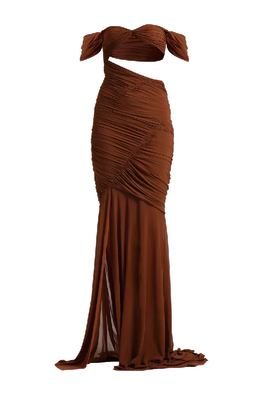 ELENA BURNT BROWN MAXI DRESS Trendy Ruffled Maxi Dress