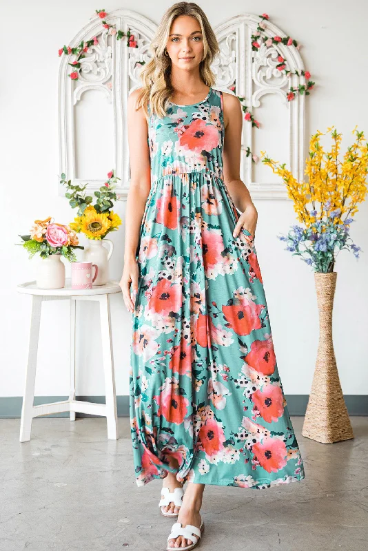 Floral Sleeveless Maxi Dress with Pockets Comfortable Maxi Dress with Slits