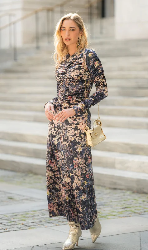 FLORAL VELVET MAXI DRESS Comfortable Fit-and-Flare Maxi Dress