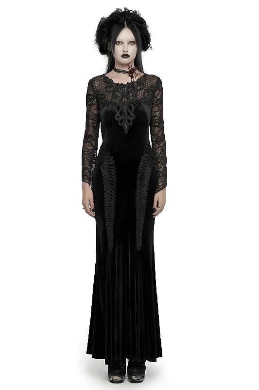 Gothic Women's Velvet Maxi Dress with Lace Detail Elegant Lace Maxi Dress