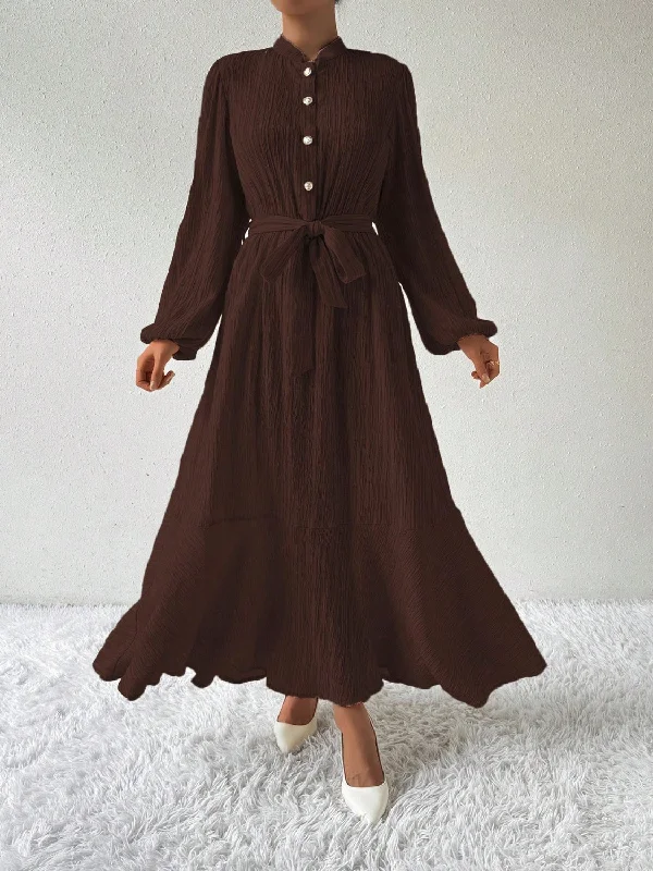 Half Button Tie Waist Long Sleeve Maxi Dress Trendy Fit-and-Flare Maxi Dress