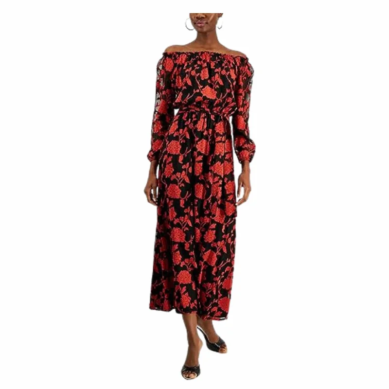 INC - Floral-Print Off-the-Shoulder Maxi Dress Trendy Satin Maxi Dress