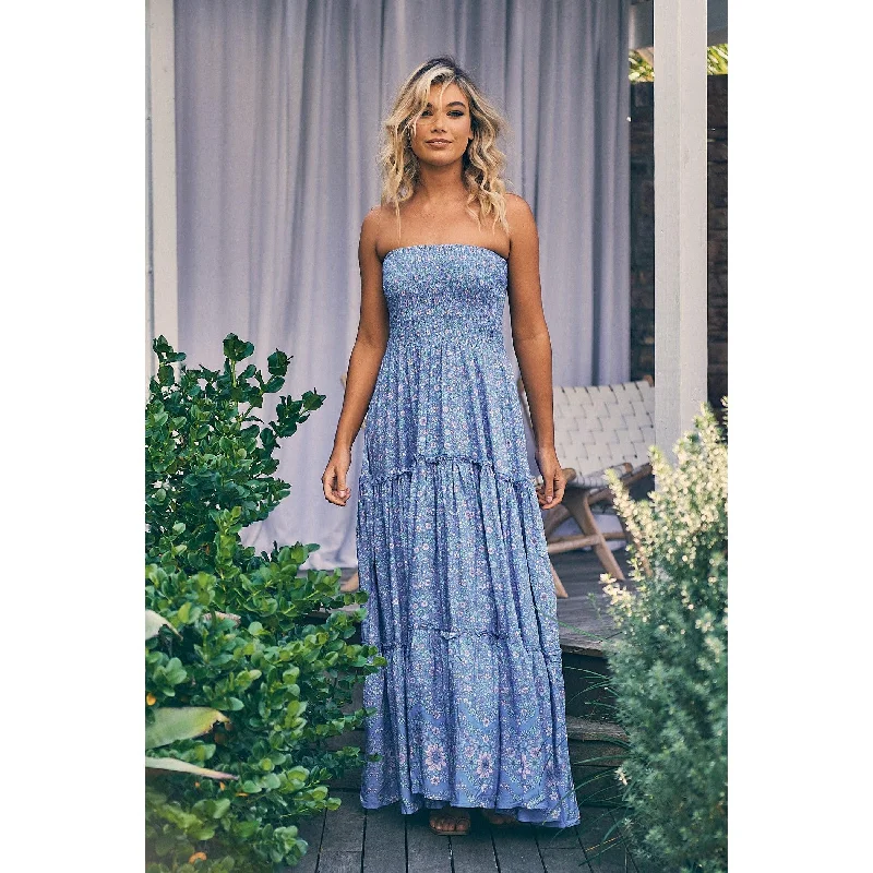 JAASE Butterfly Fields Blue Print Salsa Strapless Maxi Dress Cozy Maxi Dress with Slit