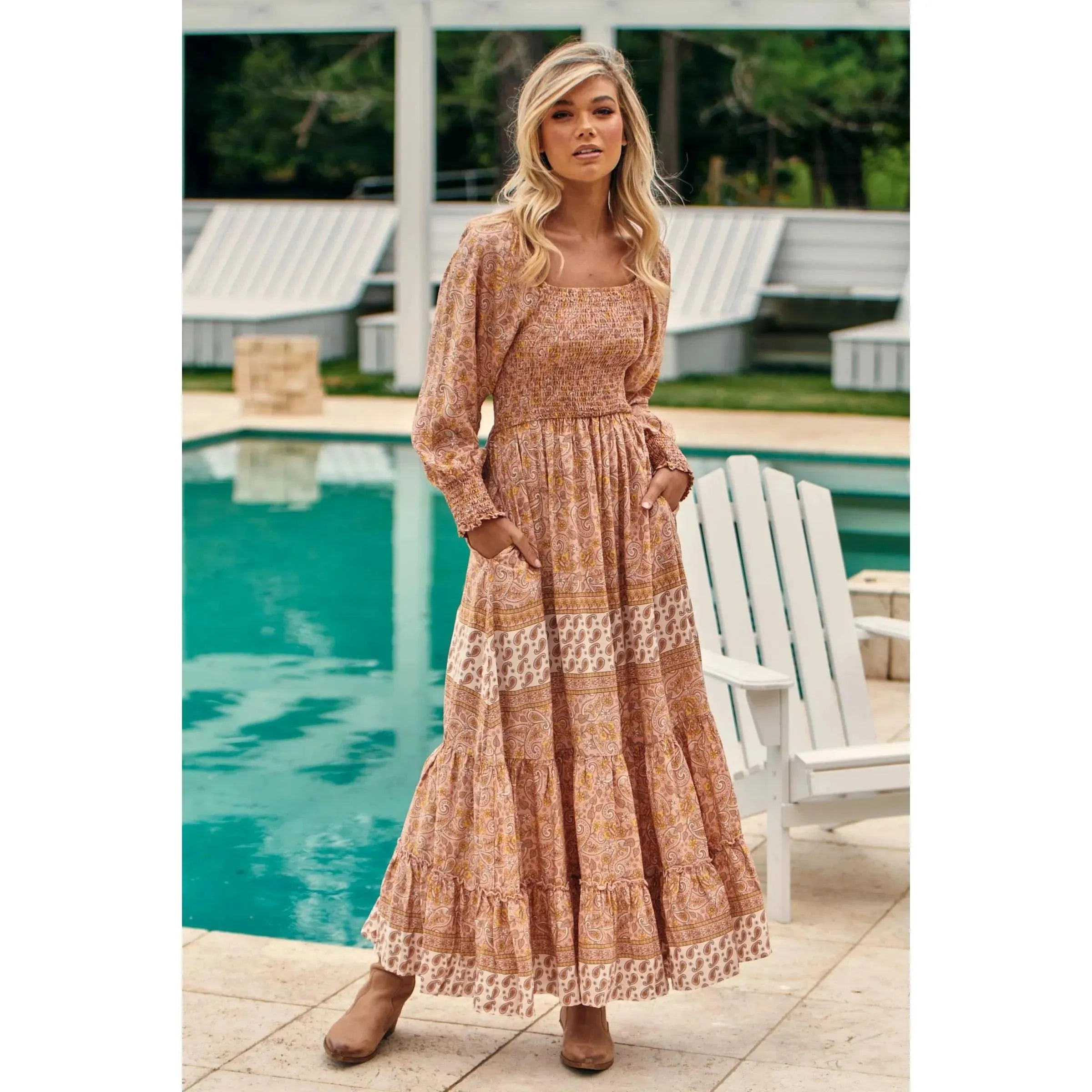 JAASE Pink Paisley Print Aquarius Maxi Dress Elegant Maxi Dress with Drapes