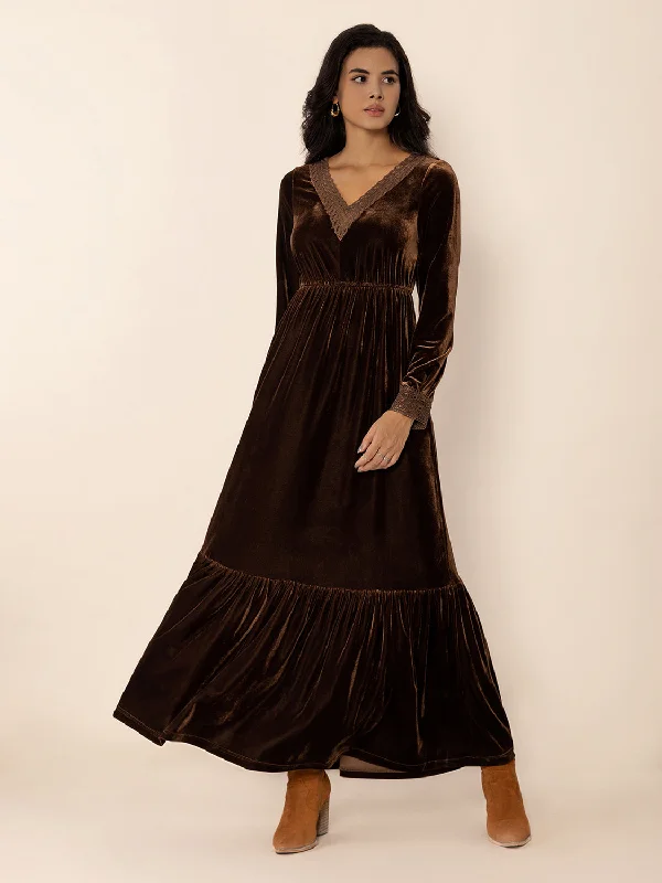 Lace Detail V-Neck Long Sleeve Maxi Dress Cozy Ribbed Maxi Dress