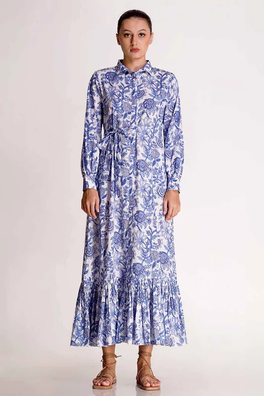 Linda - Porcelain Print Shirt Maxi Dress - Blue Fashionable Open-Back Maxi Dress