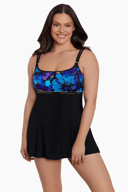 Empire Princess Seam Long Torso Swim Dress W/ Hardware Gypsy Deep-V Swimsuit Design