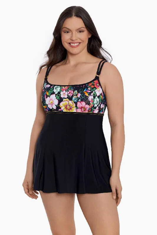 Empire Princess Seam Long Torso Swim Dress W/ Hardware True Romance Adjustable Swim Top