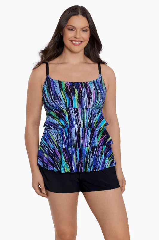 Ruffle Faux Shortini W/ Pockets Long Torso One Piece Swimsuit Brilliant Streaks Shiny One-Piece Swimsuit