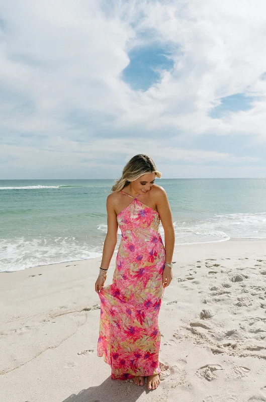 All For Florals Maxi Dress  - Fuchsia Multi Trendy Maxi Dress with Bow