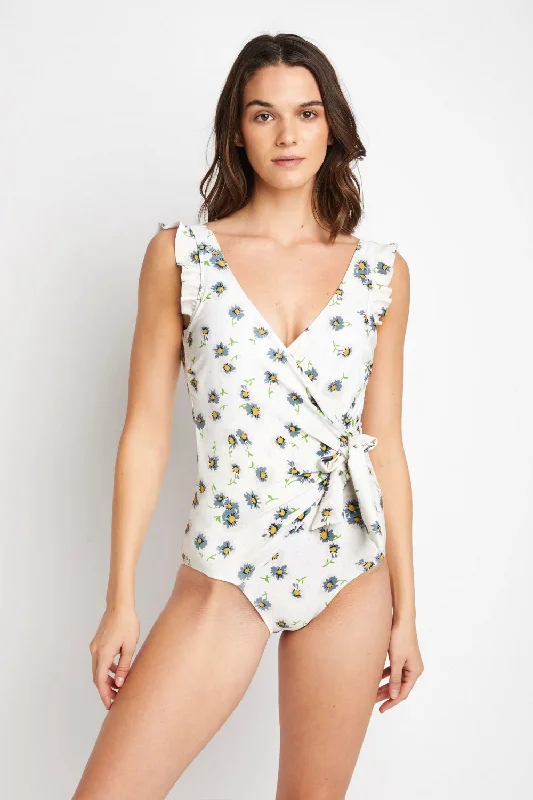 Marina West Swim Float On Ruffle Faux Wrap One-Piece in Daisy Cream Quick-Dry Swimsuit