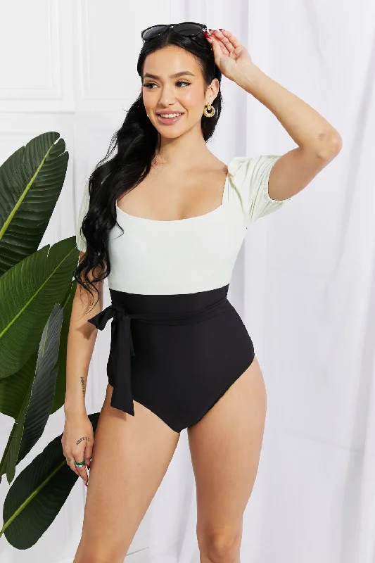 Marina West Swim Salty Air Puff Sleeve One-Piece in Cream/Black Full Coverage Swimsuit