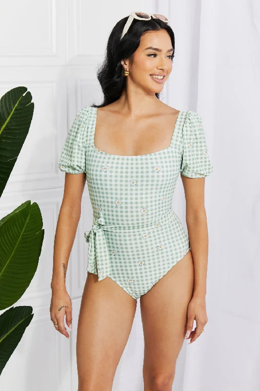 Marina West Swim Salty Air Puff Sleeve One-Piece in Sage Shiny One-Piece Swimsuit