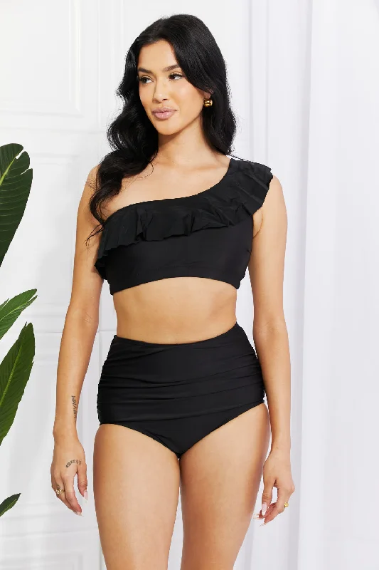 Marina West Swim Seaside Romance Ruffle One-Shoulder Bikini in Black Monokini Swimsuit Design