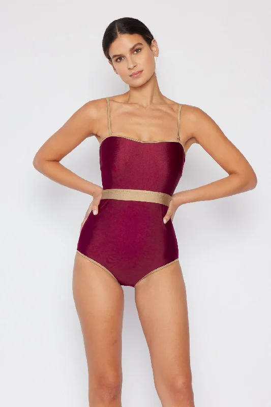 Marina West Swim Wave Break Contrast Trim One-Piece in Wine Strapless Swimsuit Top