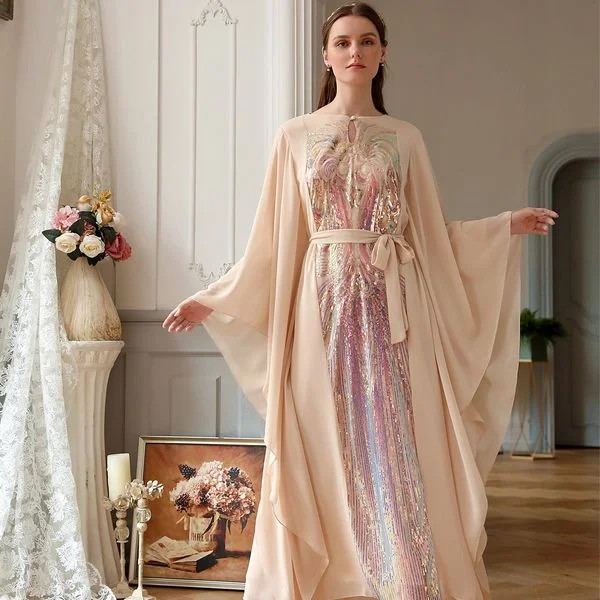 Maxi dress Beige butterfly sleeve dress Middle East women's Trendy Ruffled Maxi Dress