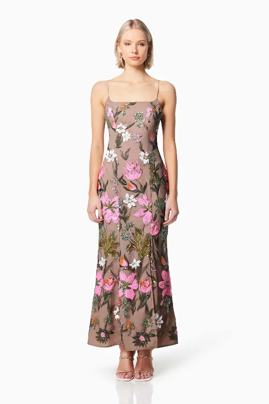 Mesmerize Floral Sequin Maxi Dress In Brown Comfortable Casual Maxi Dress