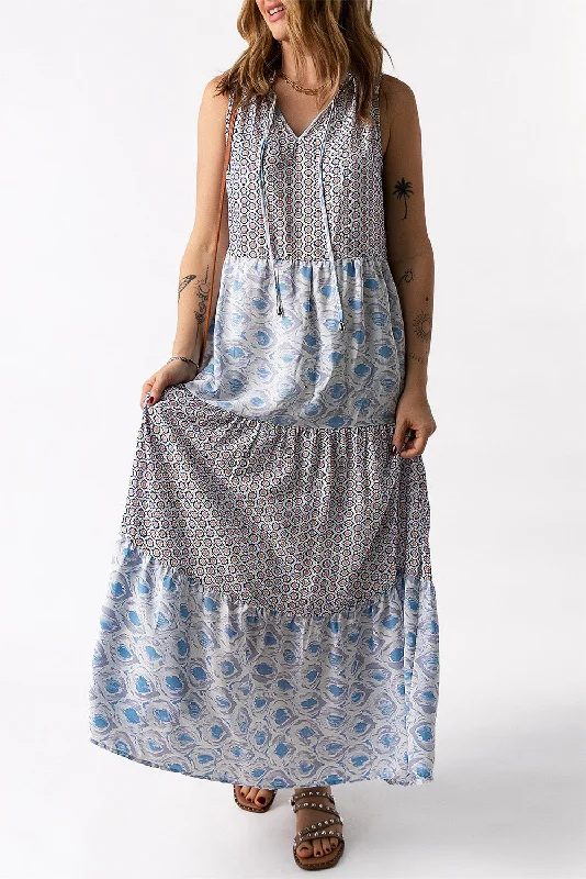 Mixed Print Tie-Neck Sleeveless Maxi Dress Fashionable Sheer Maxi Dress