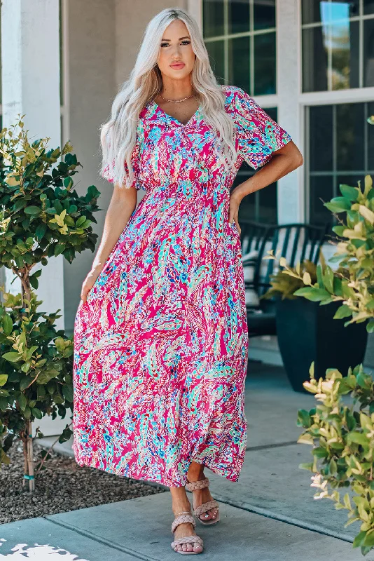 Multicolored V-Neck Maxi Dress Cozy Open-Back Maxi Dress