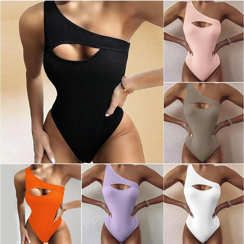 New Bikini Solid Color One-shoulder One-piece Swimsuit Women Vibrant Bikini Bottoms