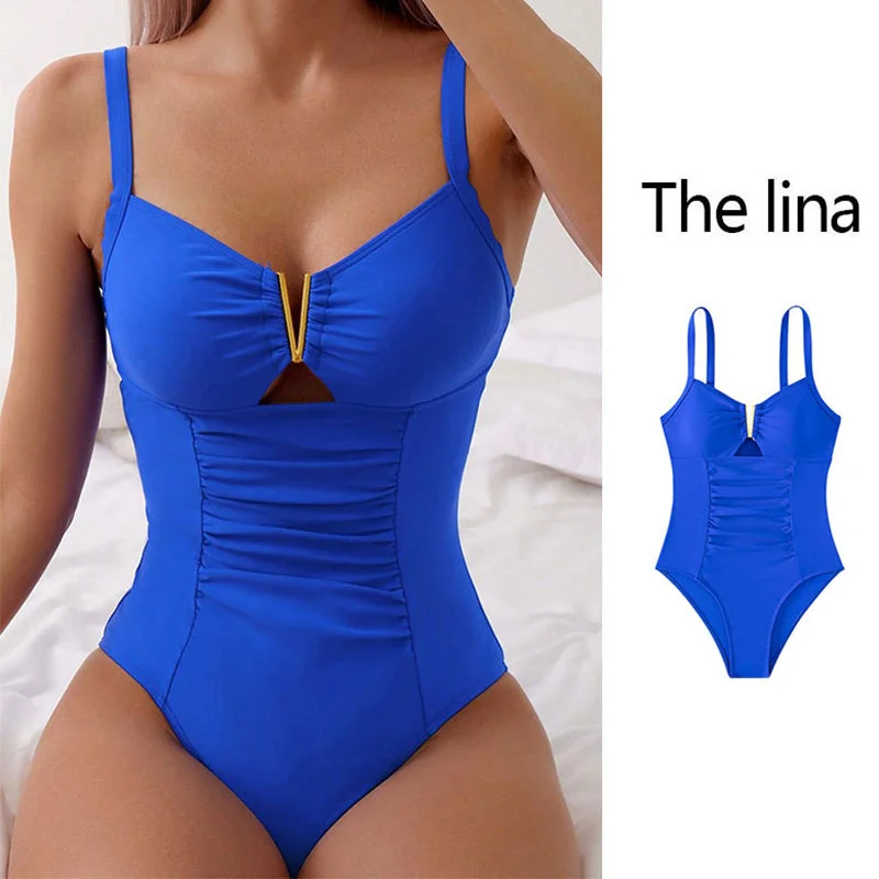 New V-neck Hollow One-piece Bikini Beach Fashion Pleated Belly Slimming Swimsuit Summer Womens Clothing Sexy Swimwear Set