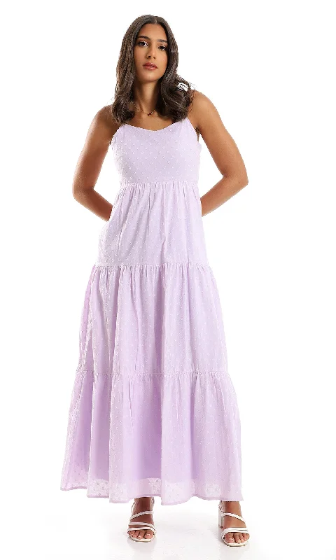 O153322 Cotton Summer Patterned Maxi Dress - Lavender Cozy Ruffle Sleeve Maxi Dress