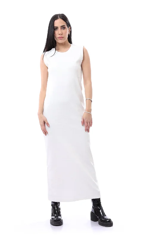 O166316 Off-White Self Ribbed Sleeveless Maxi Dress Fashionable Sleeveless Maxi Dress