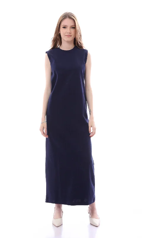 O166317 Chic Dark Navy Blue Sleeveless Regular Fit Maxi Dress Fashionable Open-Back Maxi Dress