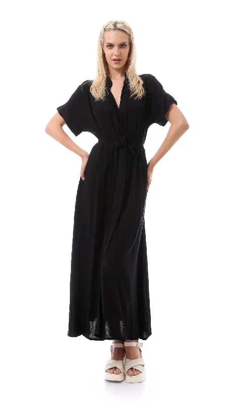 O167205 Women Short Sleeves Black Solid Basic Maxi Dress Comfortable Bohemian Maxi Dress