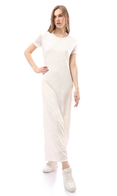 O171223 Heather Off-White Shor Sleeves Cotton Maxi Dress Comfortable Maxi Dress with Belt