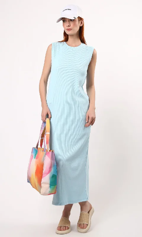 O189719 Round Neck Sleeveless Ribbed Maxi Dress - Aqua Comfortable Long-Sleeve Maxi Dress