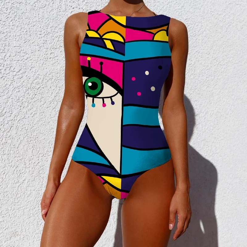 One-piece Fashion Vintage Abstract Print Lady Swimsuit Women Sleeveless Round Neck Bikini Swimwear Summer Push Up Swimsuit Bold Swimsuit Design