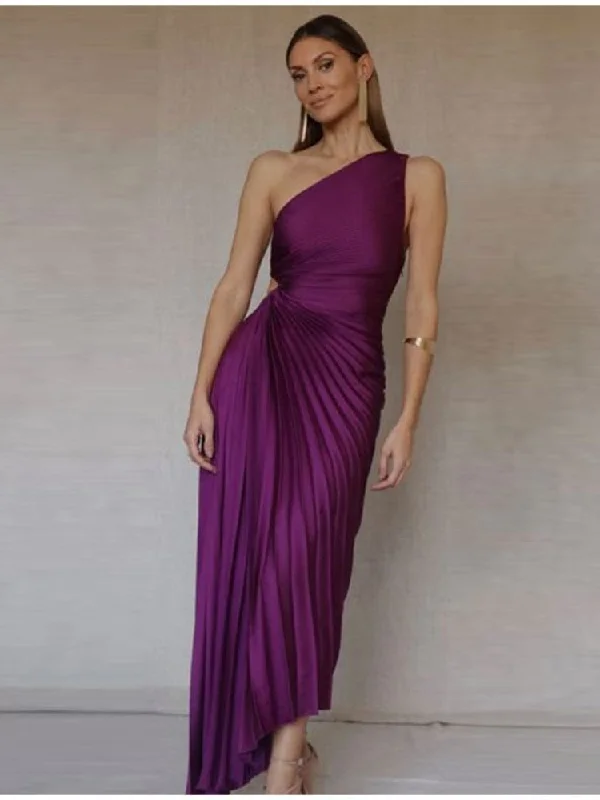 One Shoulder Pleated Maxi Dress Comfortable Satin Maxi Dress